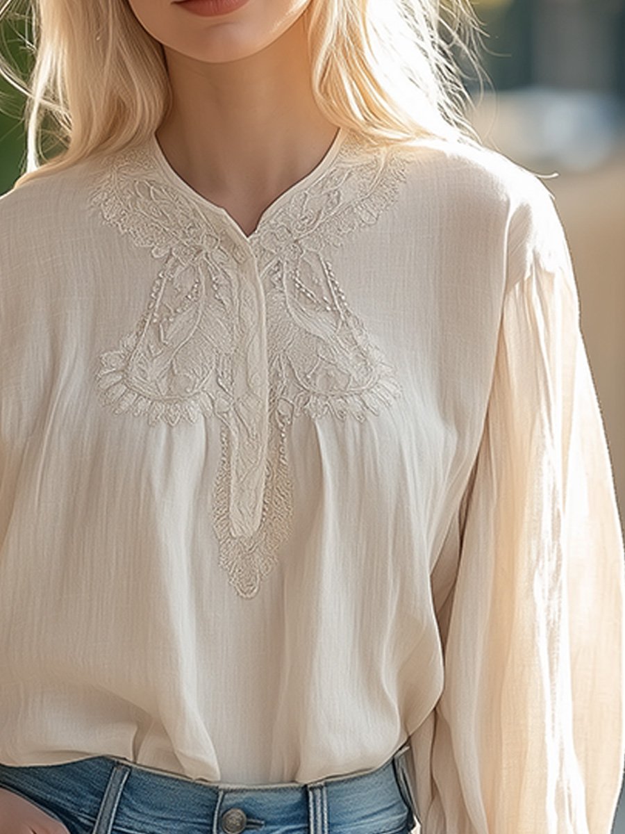 Elegant Embroidered with Delicate High Neck Cotton and Linen Blouse