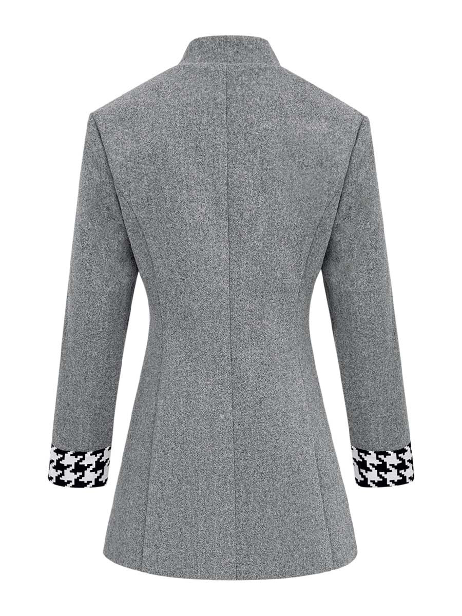 Women's Slim Fit Houndstooth Cuff Woolen Coat