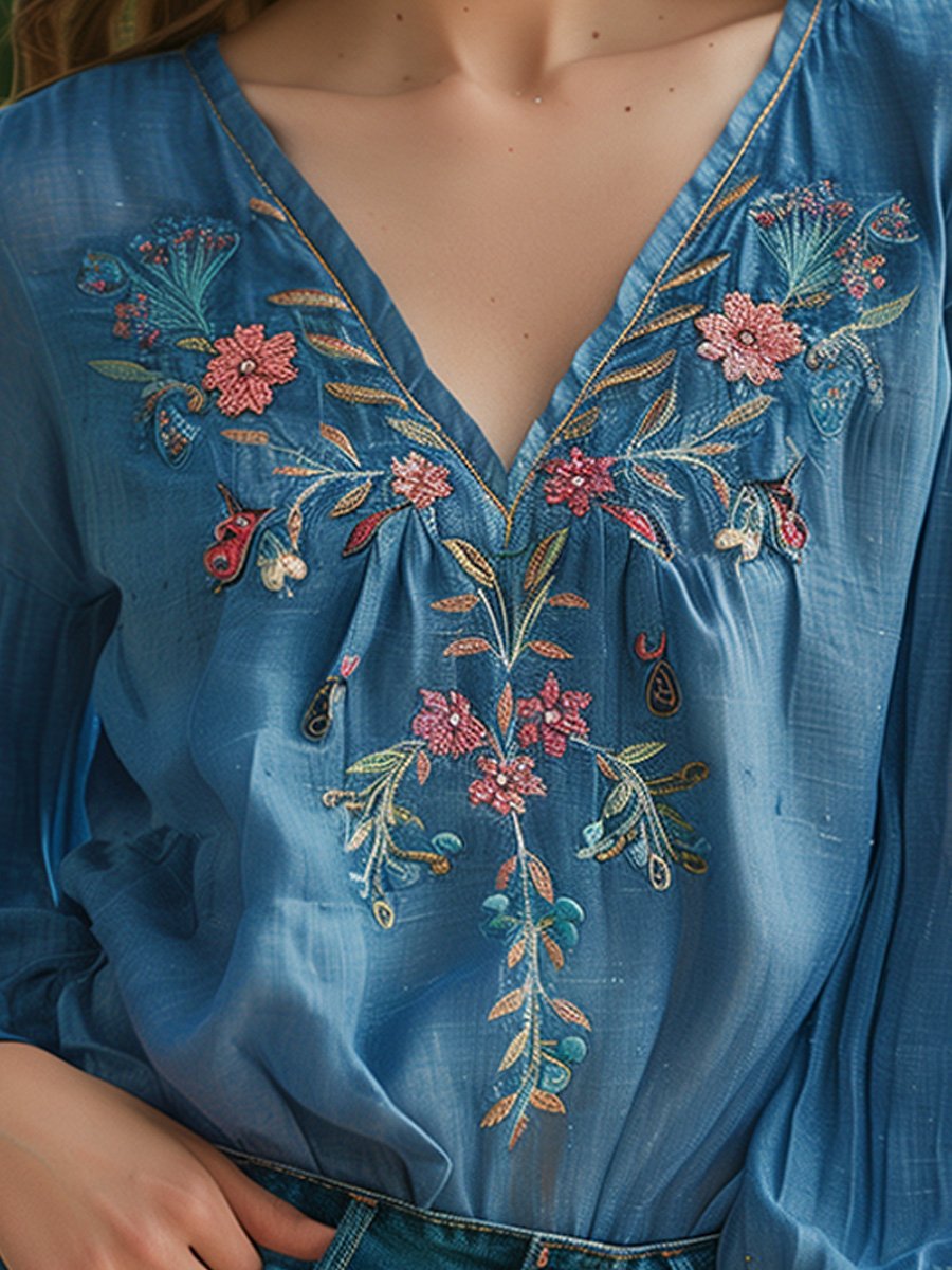 Cotton and Linen Embroidered V-Neck Long Sleeve Shirt