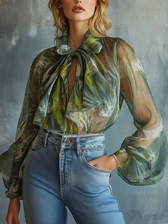 Ethereal Grace Sheer Green Bow-Tie Blouse