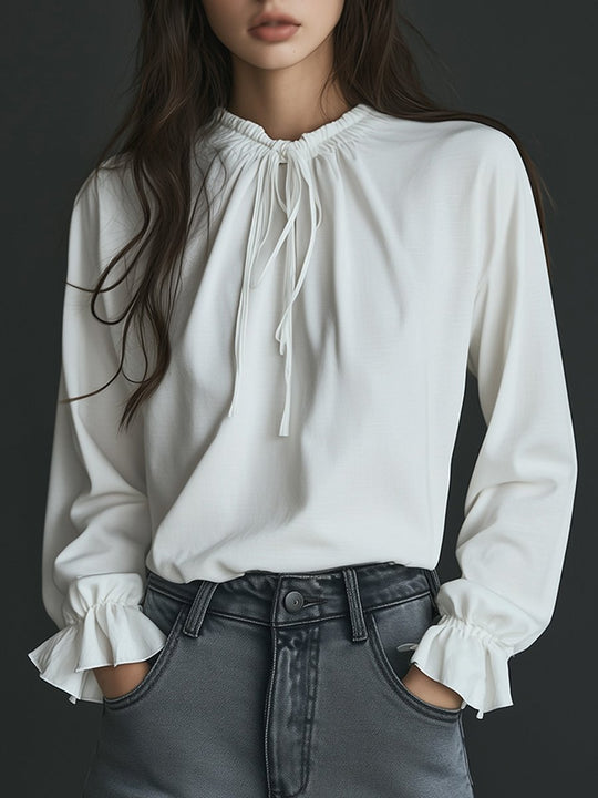 Elegant High-Neck Blouse with Ruffle Cuffs