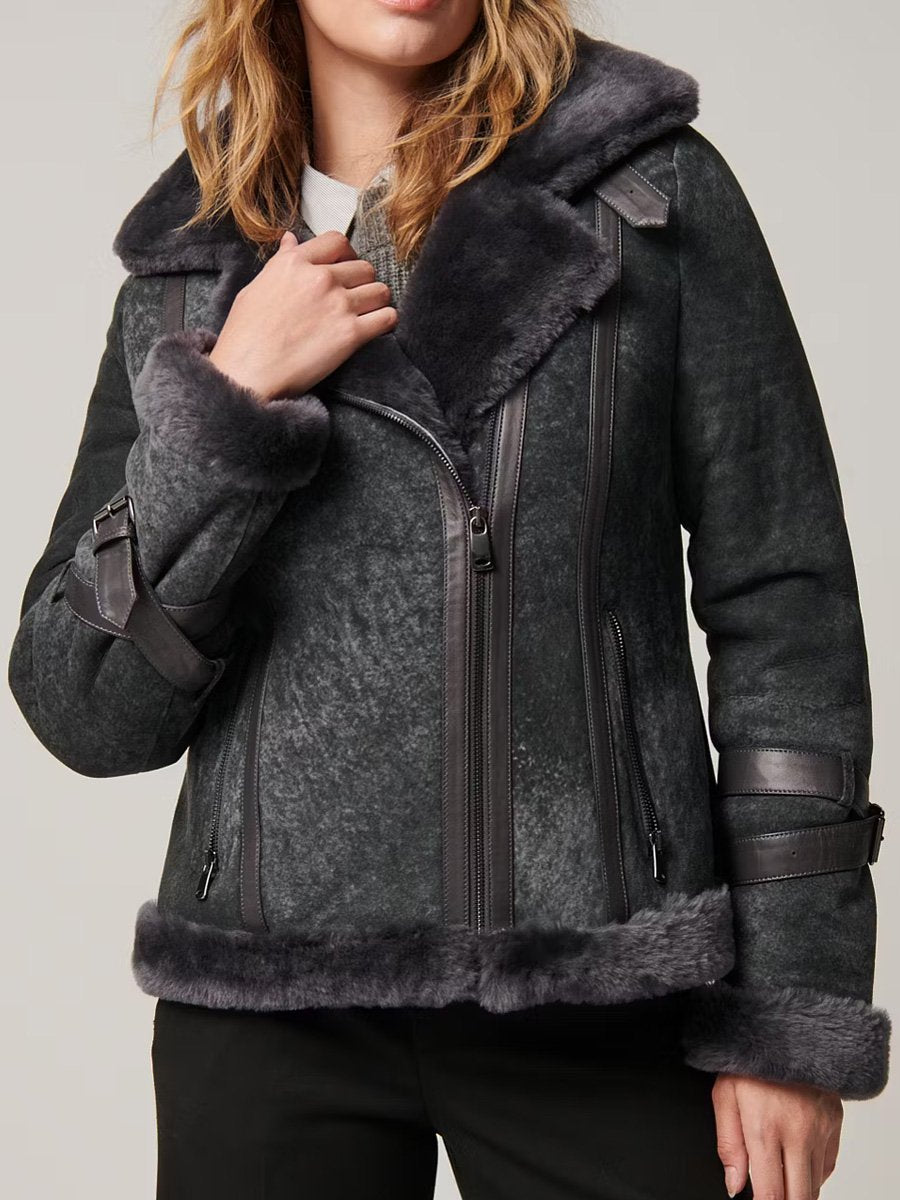 Fashionable Fur Collar Warm Sheepskin Bomber Jacket