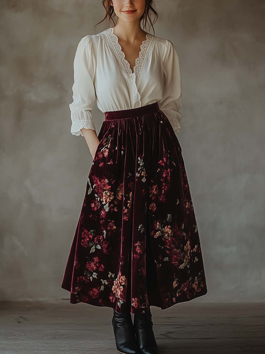 Women's Vintage Lace Blouse Velvet Skirt Set