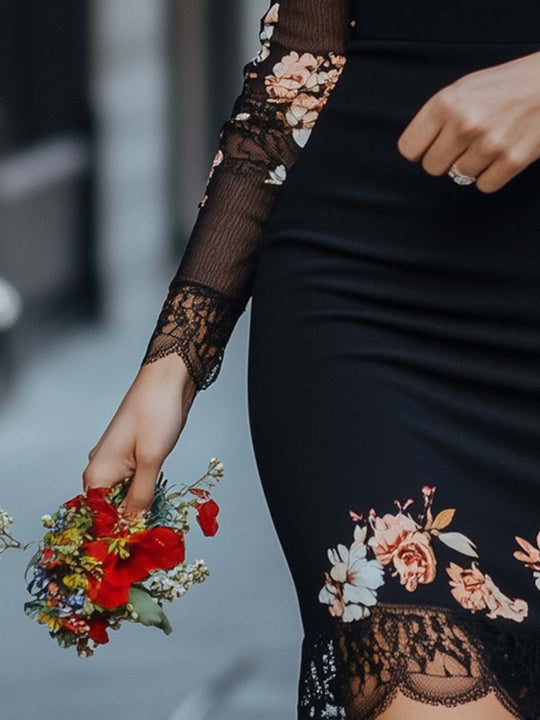 Elegant Floral Lace Long Sleeve Bodycon Dress