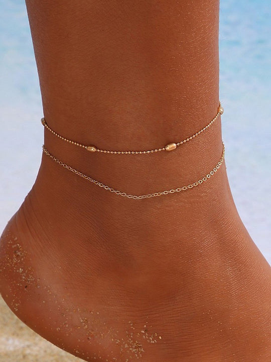 Retro Simple Round Bead Double Layer Love Heart Anklet