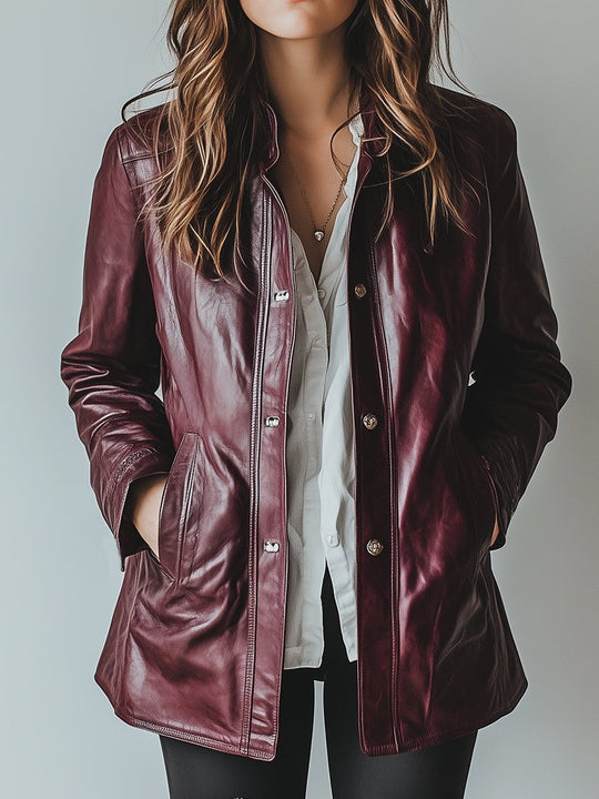 Chic Single-breasted Side Pockets Leather Trench Coat