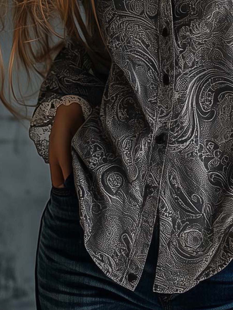 Women's Vintage Paisley Lace Denim Shirt