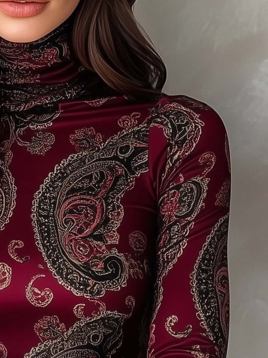 High Collar Slim Fit Paisley Long Sleeve T-shirt