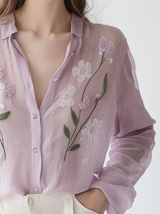 Elegant Lavender Floral Embroidered Button-Down Blouse