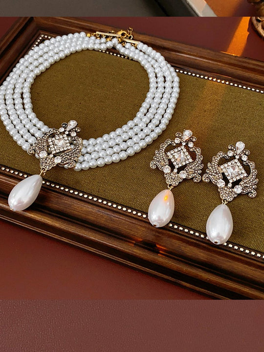 Round Diamond Drop Multi-layer Pearl Necklace and Earrings Set