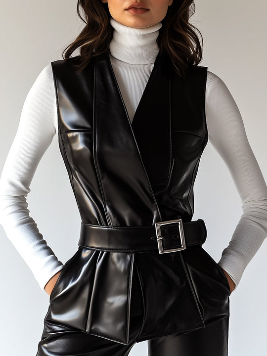 Stylish V-neck Waist Belt Leather Waistcoat