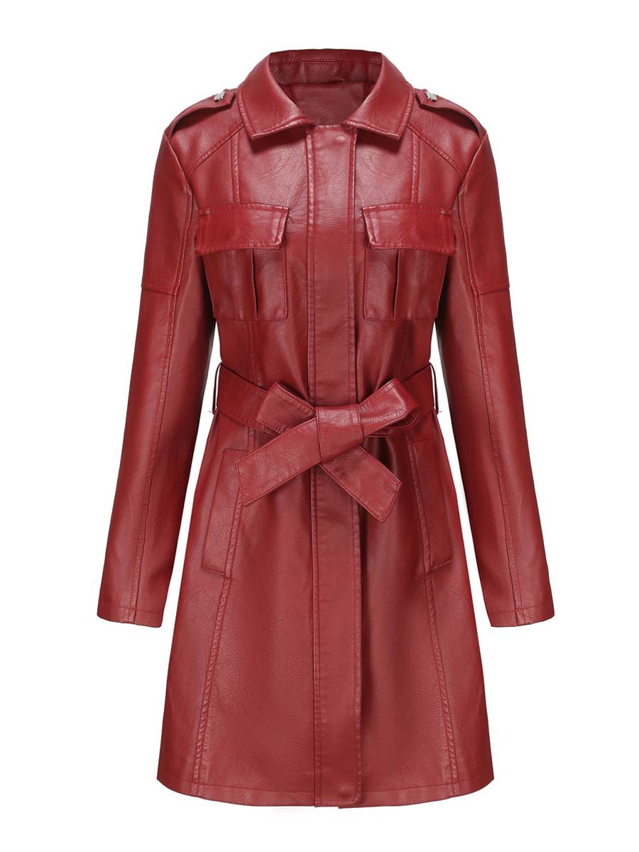 Women's Vintage Mid-Length Leather Coat With Belt