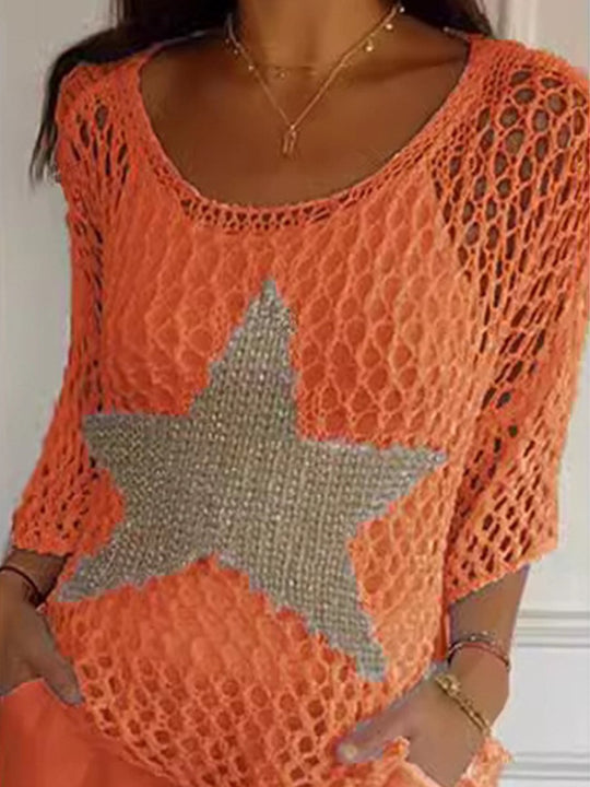 Five-pointed Star Round Neck Three-quarter Sleeve Sweater