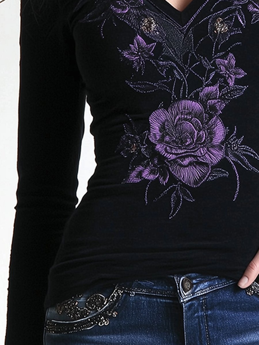 Casual V-neck Floral Embroidered Cotton Slim-fit Top