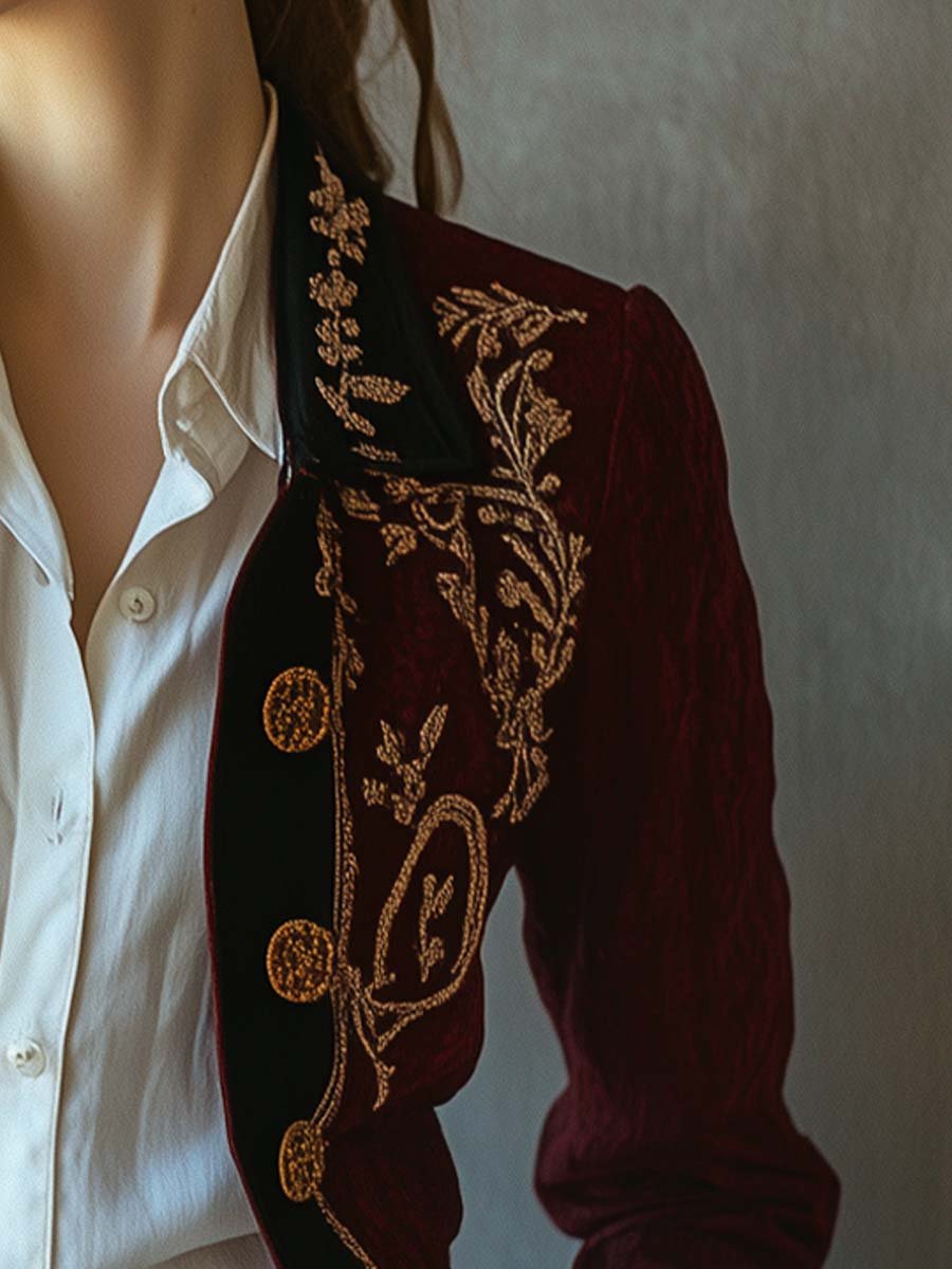 Women's Vintage Contrast Trim Embroidered Cotton Linen Jacket