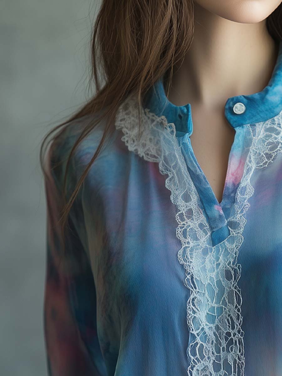 Tie-Dyed Chiffon Lace Trim Shirt