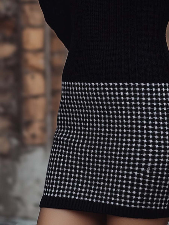 Women's Vintage Zipper Houndstooth Hem Knited Bodycon Dress