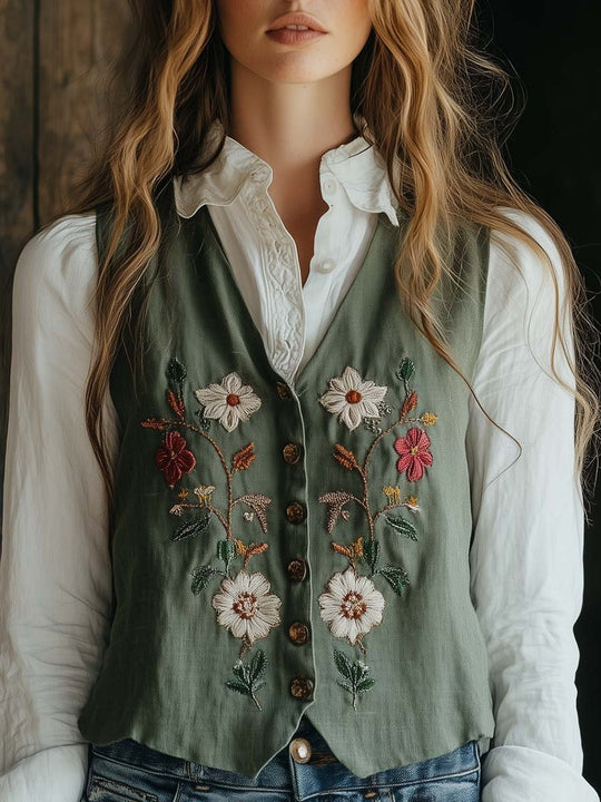 Rustic Charm Embroidered Olive Green Vest