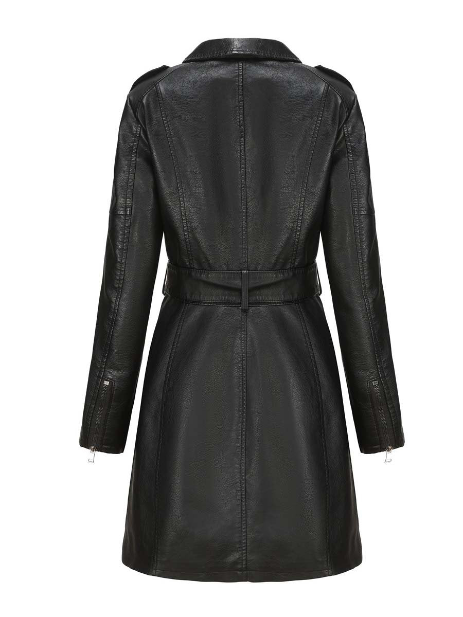 Women's Vintage Mid-Length Leather Coat With Belt