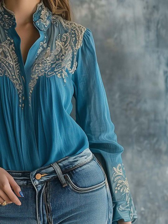 Enchanting Elegance Turquoise Embroidered Blouse