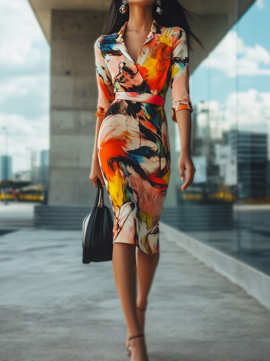 Retro Elegant V-Neck Slim Printed Midi Dress