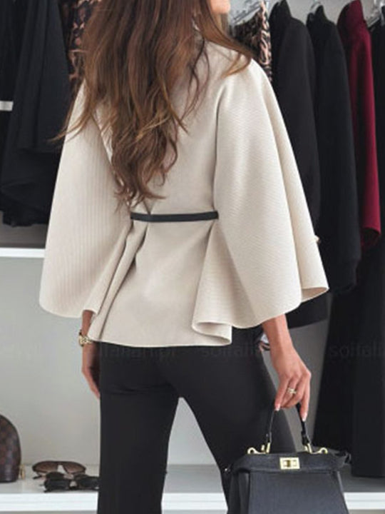 Solid Color Fashionable Casual Waist-binding Woolen Cape Coat