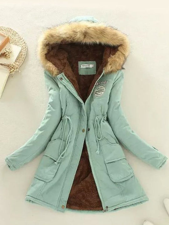 Casual Fur Collar Lambskin Plus Velvet Thickened Loose Mid-length Cotton Coat