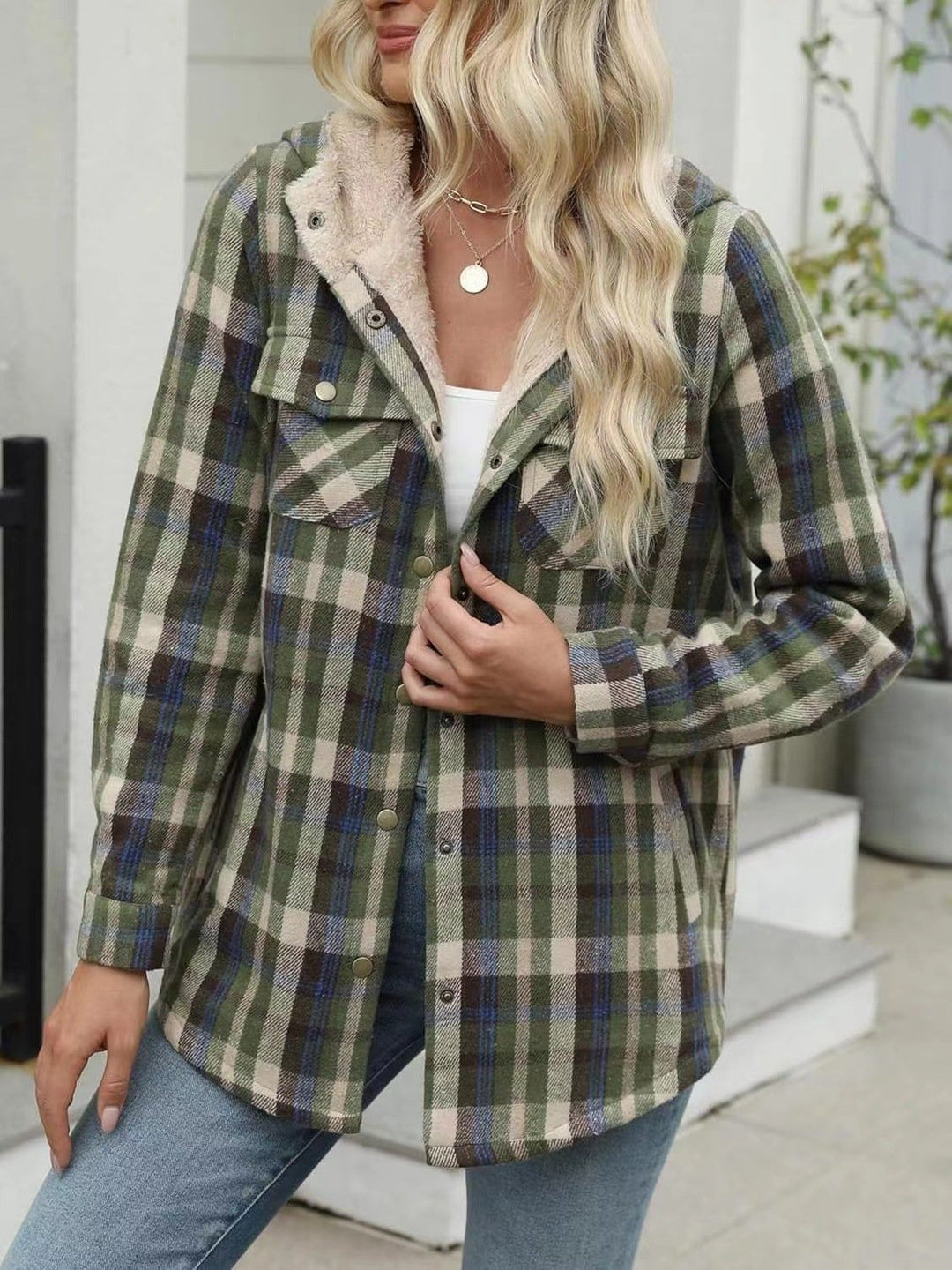 Retro Plaid Woolen Lamb Fleece Lined Thickened Hoodie Jacket