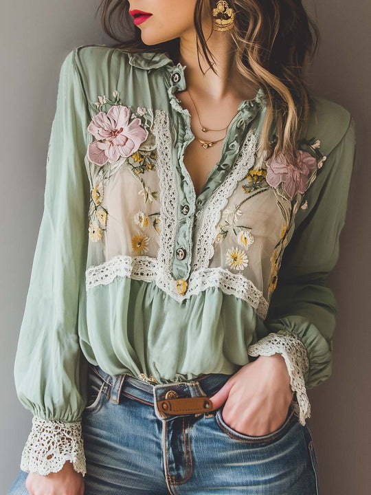 Vintage Floral Print Lace Shirt