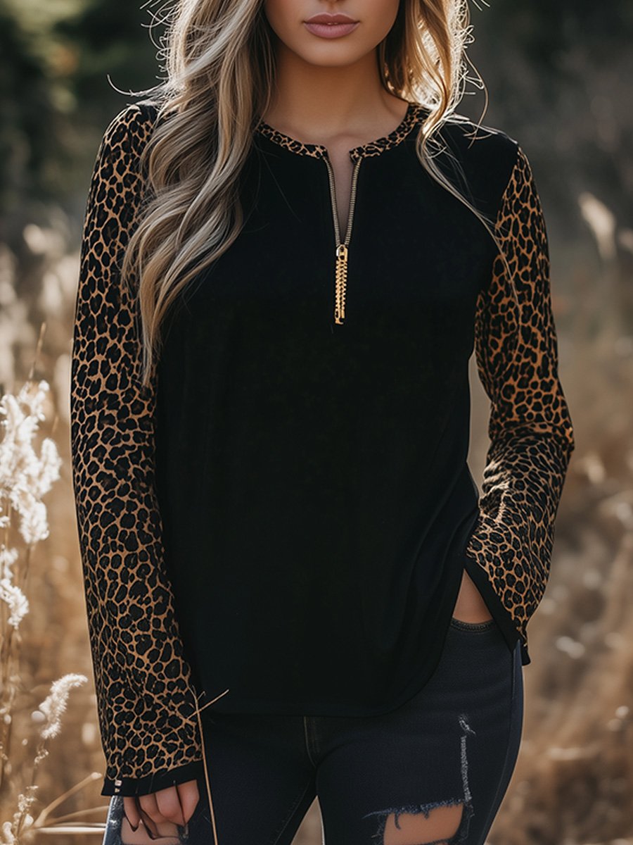 Fashion Loose Leopard Print Zipper Long Sleeve T-shirt