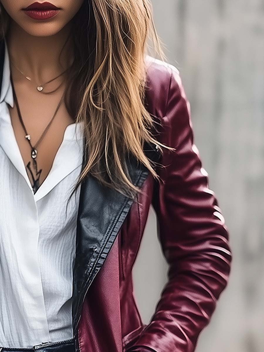 Women's Vintage Contrast Long Leather Jacket