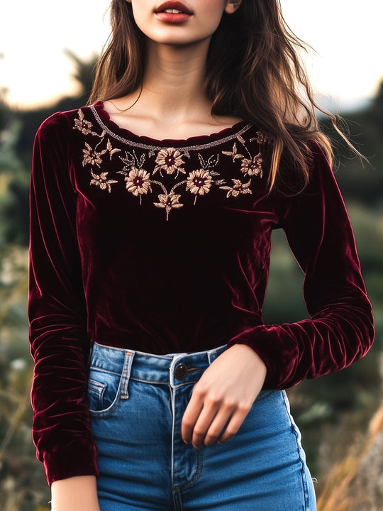 Boho Ruffled Collar Golden Floral Embroidery Velvet Top