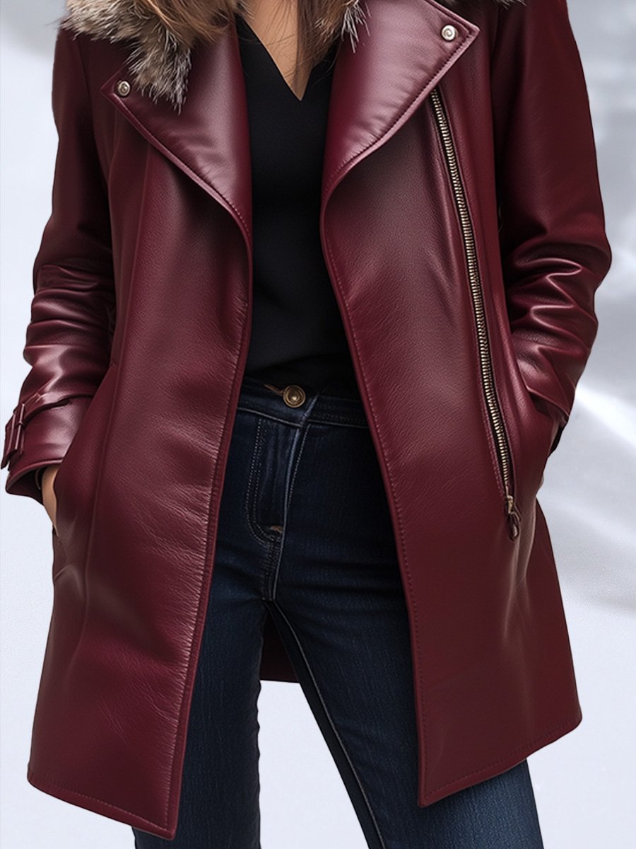 Red Casual Retro Fur Collar Mid-length Leather Jacket