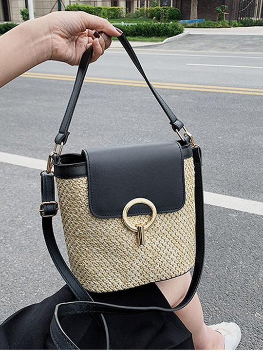 Crossbody Straw Woven Vacation Bucket Bag