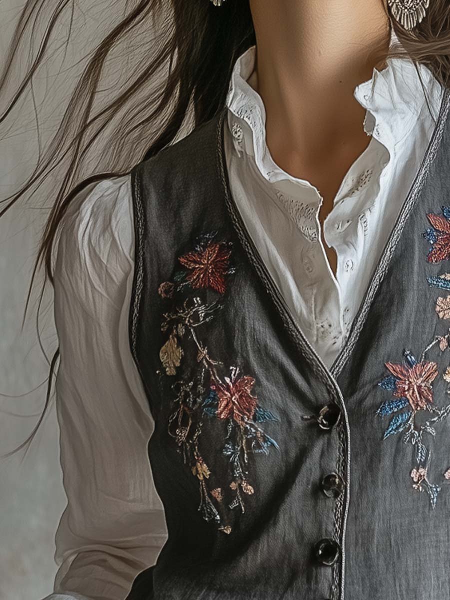 Vintage Floral Embroidered Button-Up Vest