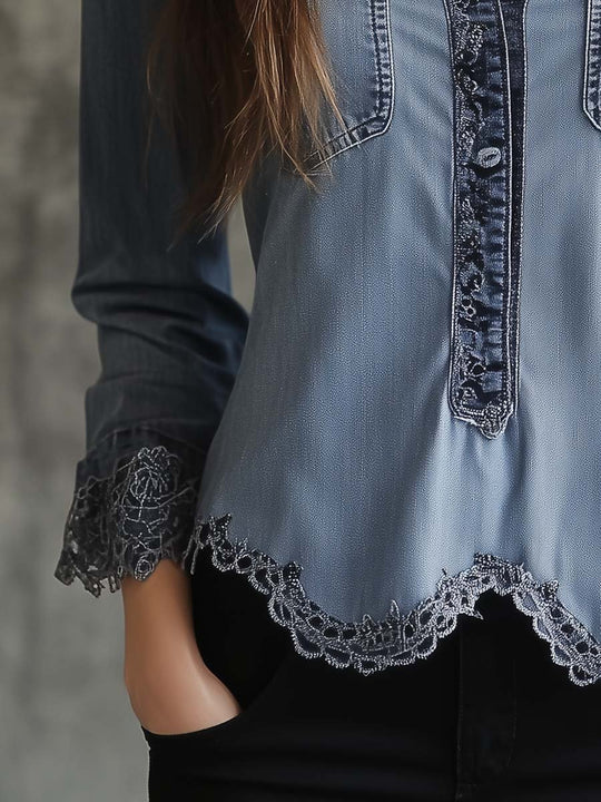 Women's Vintage Denim Lace Hem Long Sleeve Shirt