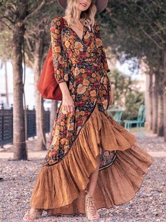 Retro Casual Long-sleeved Printed Maxi Dress