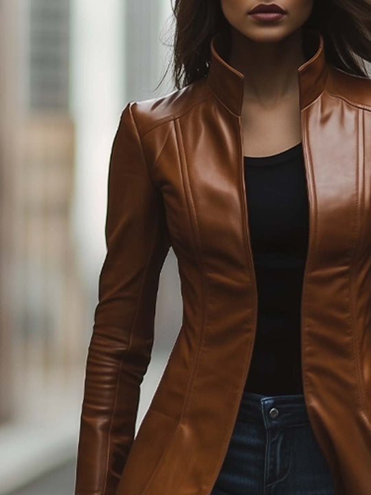 Women's Vintage Zipper Leather Coat