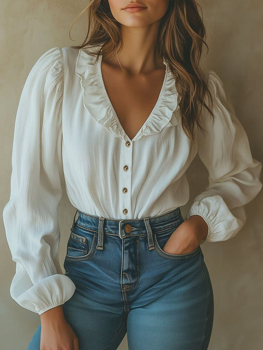 Boho Ruffled Trim Single-breasted Cotton and Linen Shirt