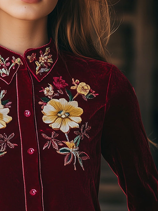 Elegant Embroidered Velvet Long-sleeved Shirt