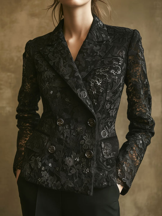 Retro Suit Collar Double-breasted Lace Blazer Jacket