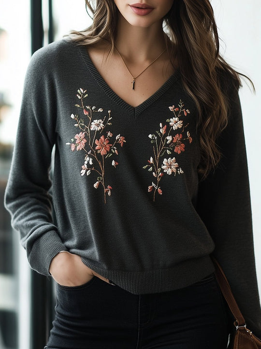 Casual Loose V-Neck Cotton Floral Embroidery Long Sleeve Top