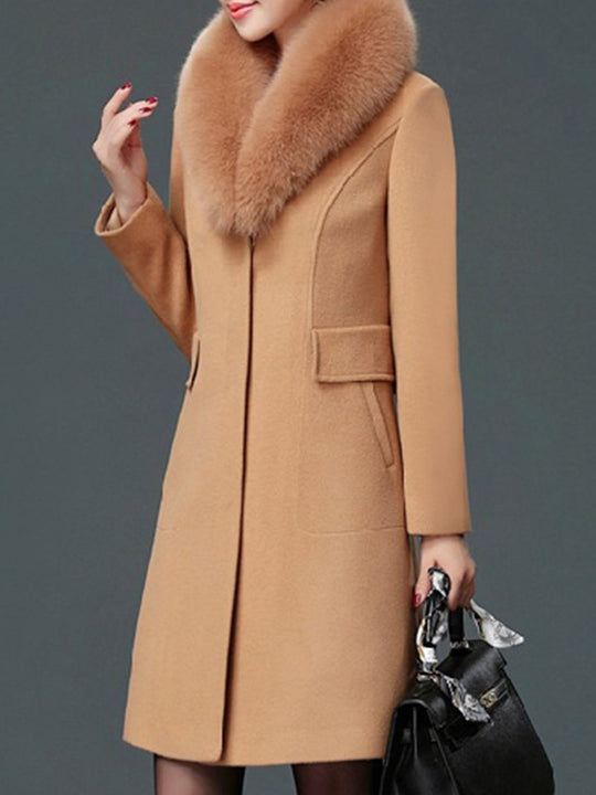 Fur Collar Slim Fit Mid-length Wool Coat