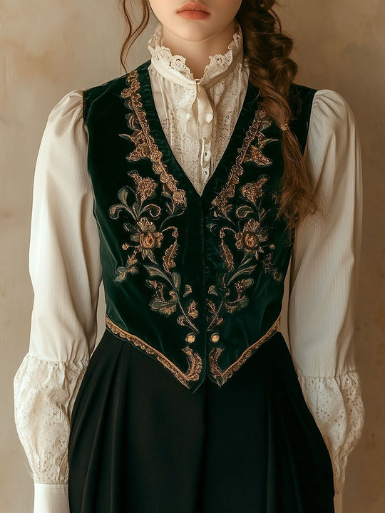 Retro V-neck Flower Embroidery Velvet Waistcoat