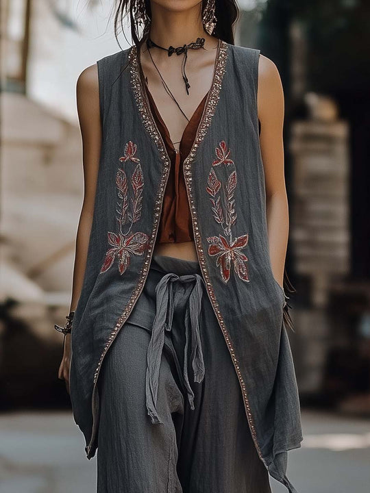 Bohemian Embroidered Open-Front Vest