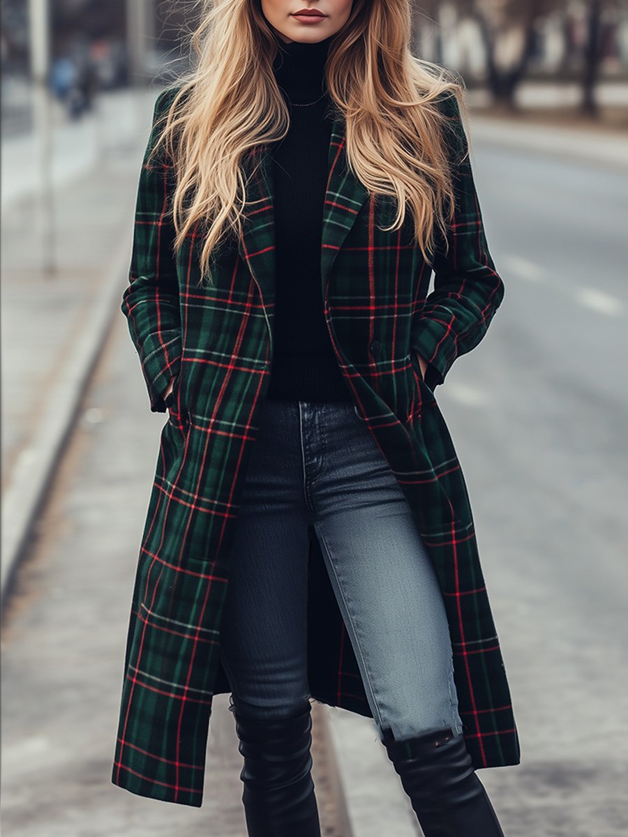 Chic Vintage Check Wool Midi Coat