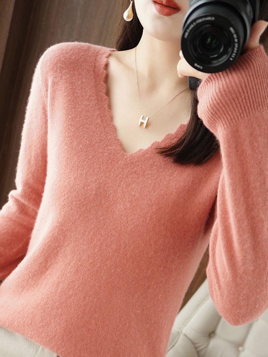 Elegant Lace V-Neck Pullover Warm Solid Color Sweater