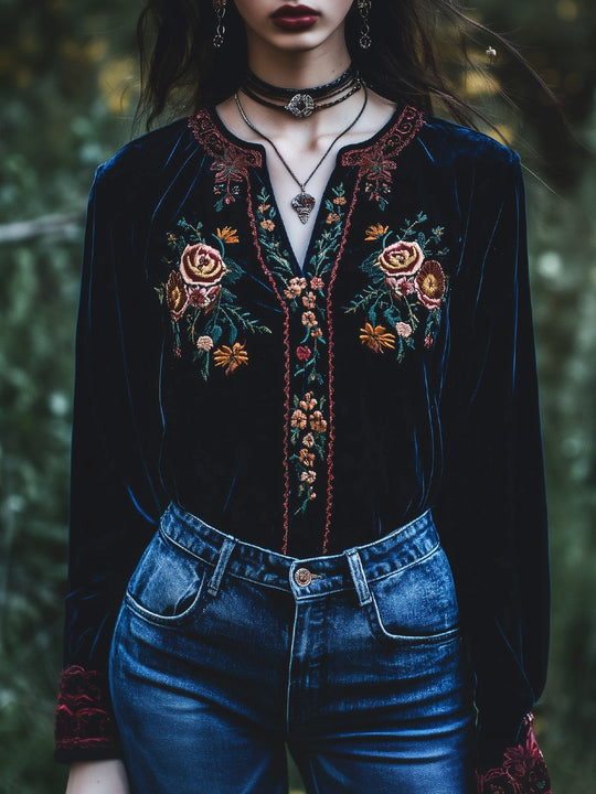 Retro V-neck Flower Embroidery Velvet Pullover Blouse