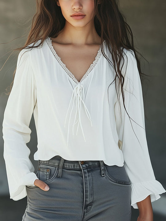 Minimalist V-Neck with Lace Trim and Flared Sleeves Blouse