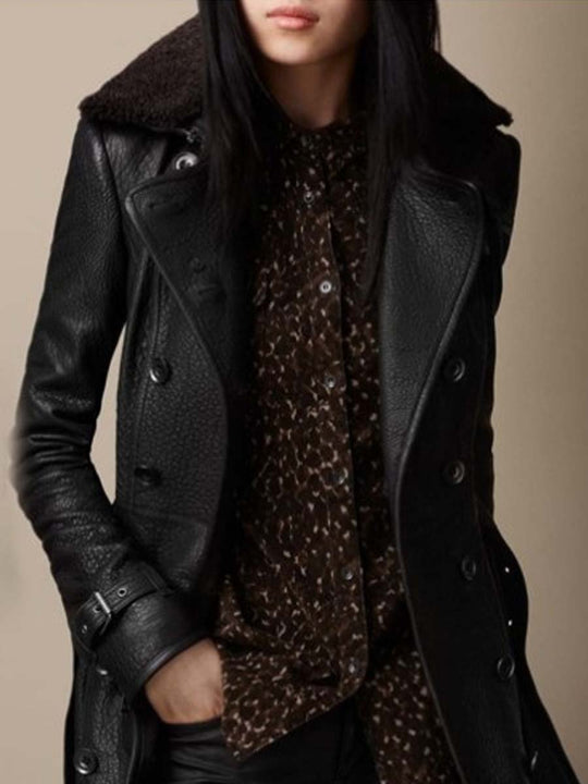 Women's Lapel Slim Mid-Length Leather Jacket